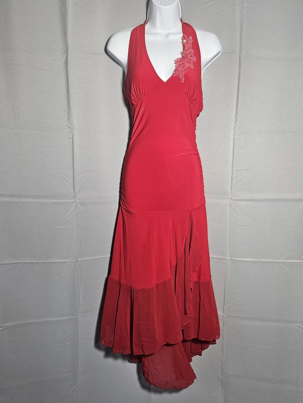 LIPSTICK VTG 90s Y2K Halter Asymmetrical MIDI Red Fairy Romantic Mesh SZ M